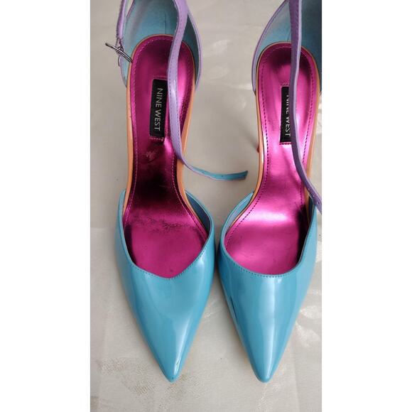 Nine West Shoes Womens Size 8M Blue Pink Purple Patent Pointed Toe Heels Strappy - Picture 1 of 6
